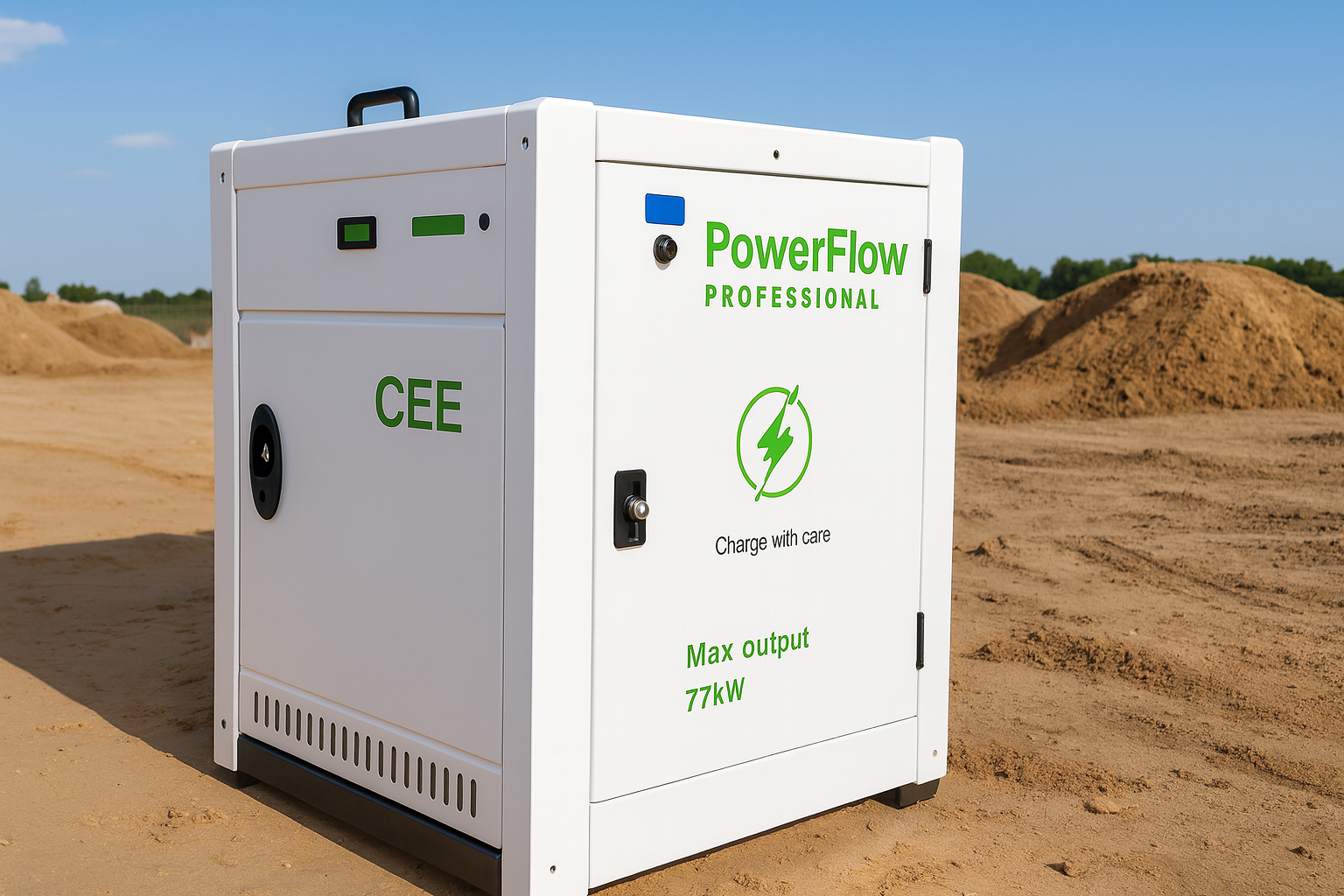 PowerFlow Professional - Professioneller Solargenerator mit PowerFlow Professional Branding auf Baustelle