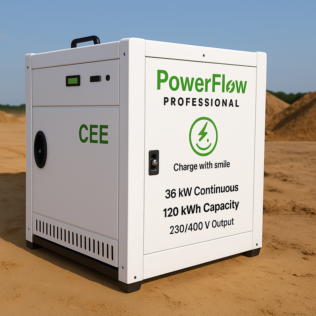 PowerFlow Professional - Professioneller Solargenerator mit PowerFlow Professional Branding auf Baustelle